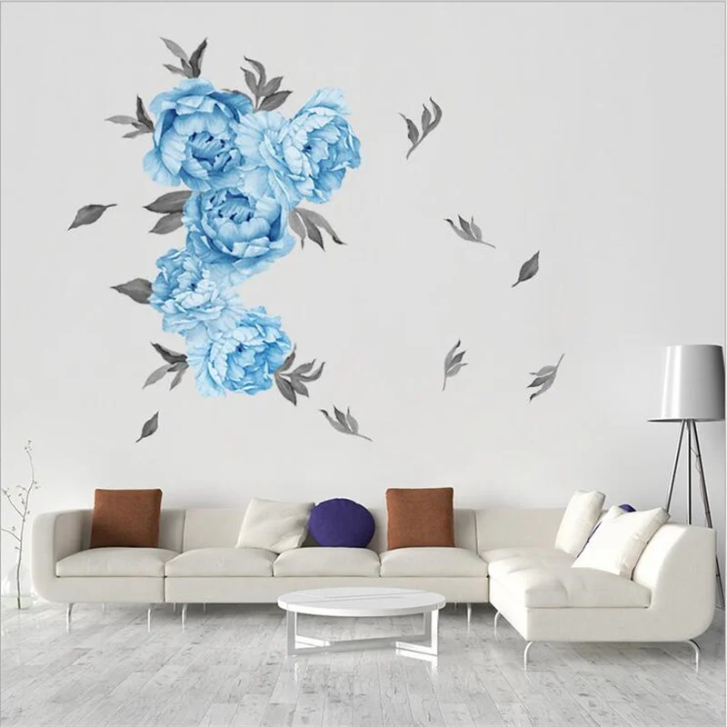 

New Rich Blue Peony Flower Plant Wall Sticker For Children's Bedroom Living Room Decoration Painting Decals Mural Home Decor