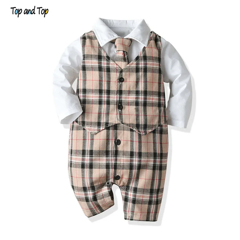 

Top and Top Fashion Infant Boys Gentleman Romper Clothes One Piece Long Sleeve Cotton Patchwork Plaid Bow Tie V-neck Jumpsuit