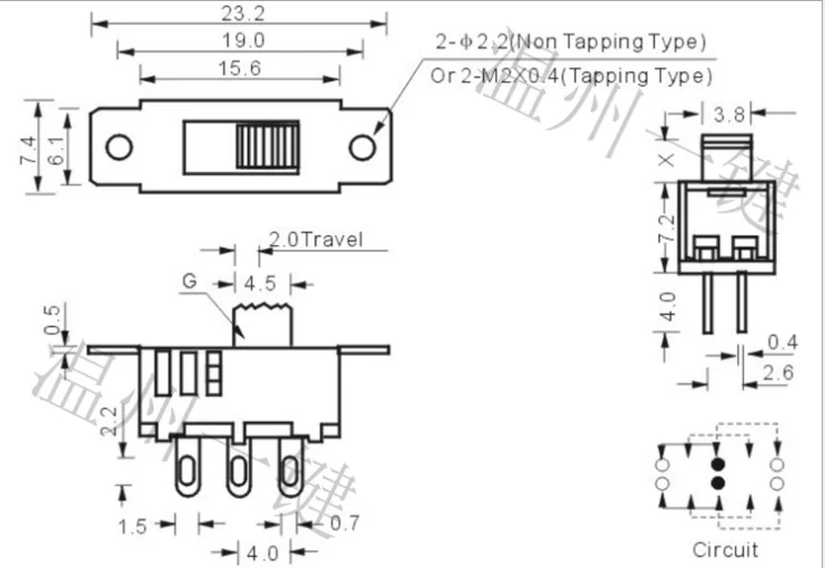 10PCS SS-23D32 2P3T-G5 Double pole three throw 3 position slide switch 6 solder lug pin DIP type without fixed pin black shell