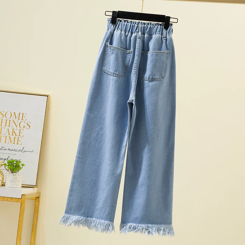 S-5XL Straight Jeans For Women 2022 Spring Autumn Tassels Blue Loose Denim Trousers Elastic Waist Wide Leg Pants