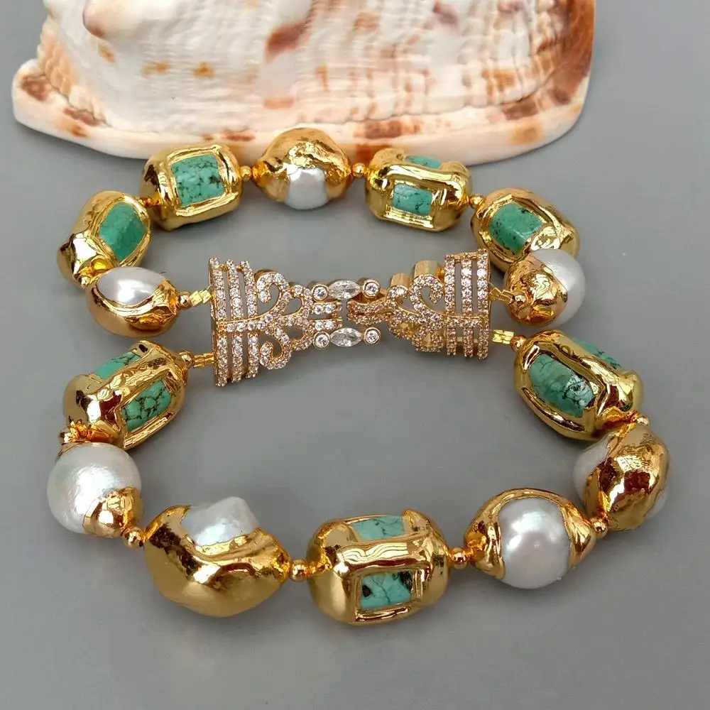 KKGEM  Luxury style 13x20mm Green Turquoise nugget White Freshwater Pearl With Electroplated Edge Bracelet