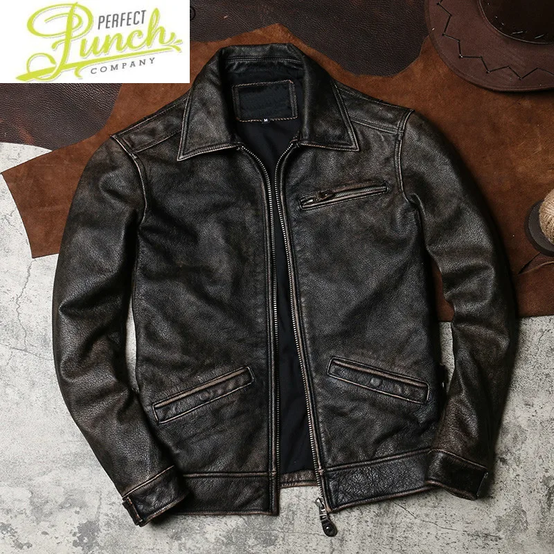 

100% Vintage Real Cow Leather Jacket Men Spring Autumn Motorcycle Jacket Men's Genuine Leather Coat W-1230 KJ4283