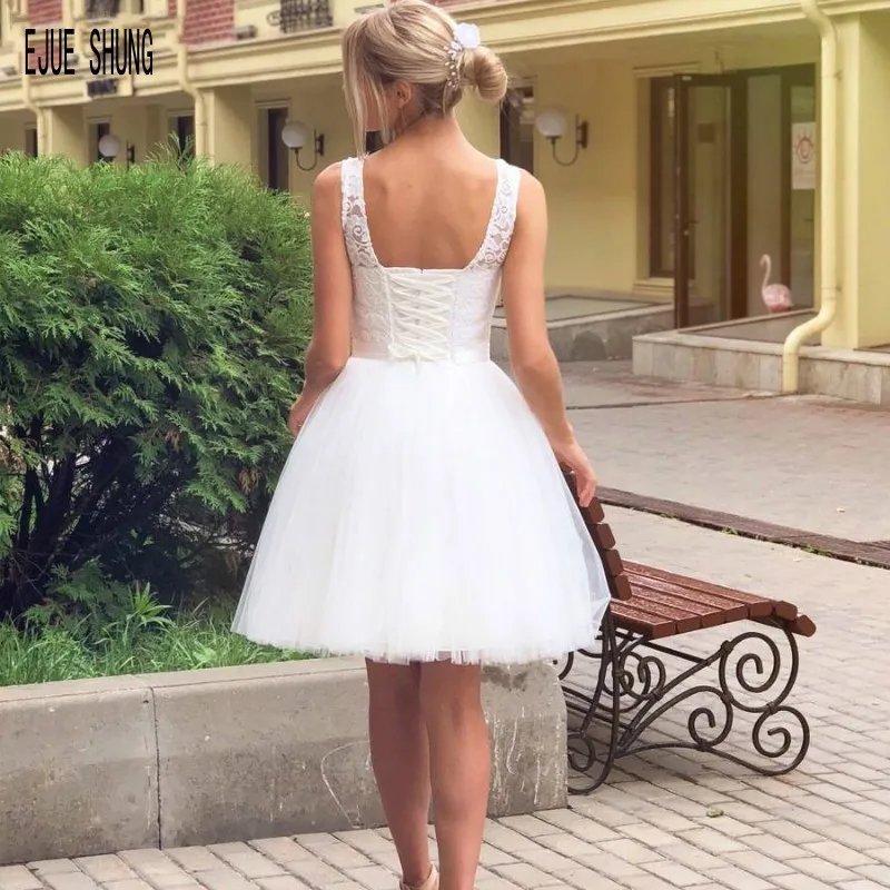 EJUE SHUNG Simple Short A Line Wedding Dresses O Neck Sleeveless Backless Tulle Mini Boho Wedding Bridal Gowns vestido de noiva