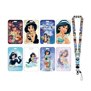 Disney Jasmine Aladdin Namenskartenhüllen für Damen, Ausweishalter, Studenten, Bus, Kartenetui, Schlüsselband, Besuch, Tür, Identitätsabzeichen