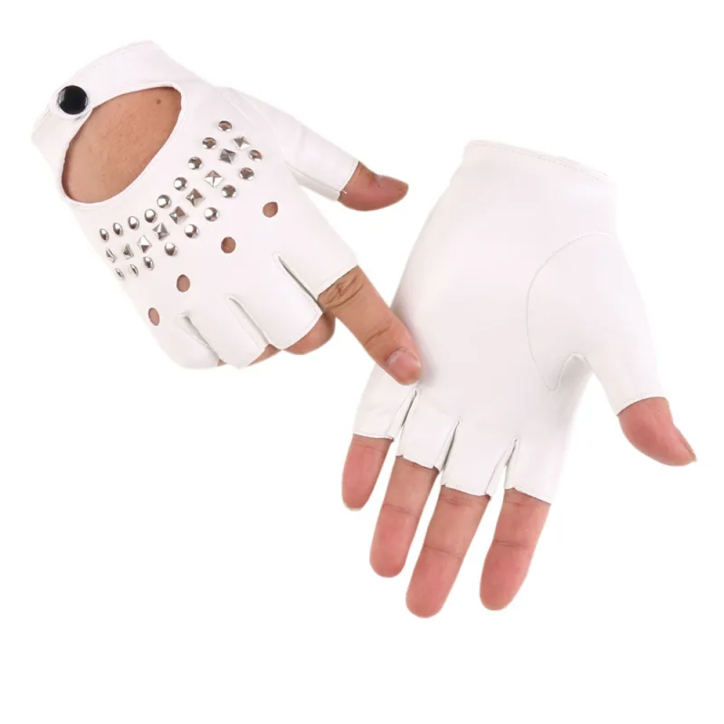 Man Street Dance Fashion Rivet Stage Performance Sexy Half Finger Leather Gloves Nightclub Punk Hip Hop Male Hollow Personality