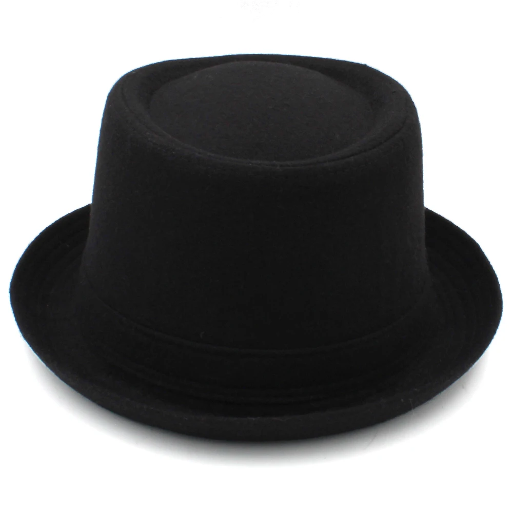 Men Women Black Wool Blend Pork Pie Hats Fedora Caps Trilby Sunhat Jazz Party Outdoor Travel Street Style Size US 7 3/8 UK L