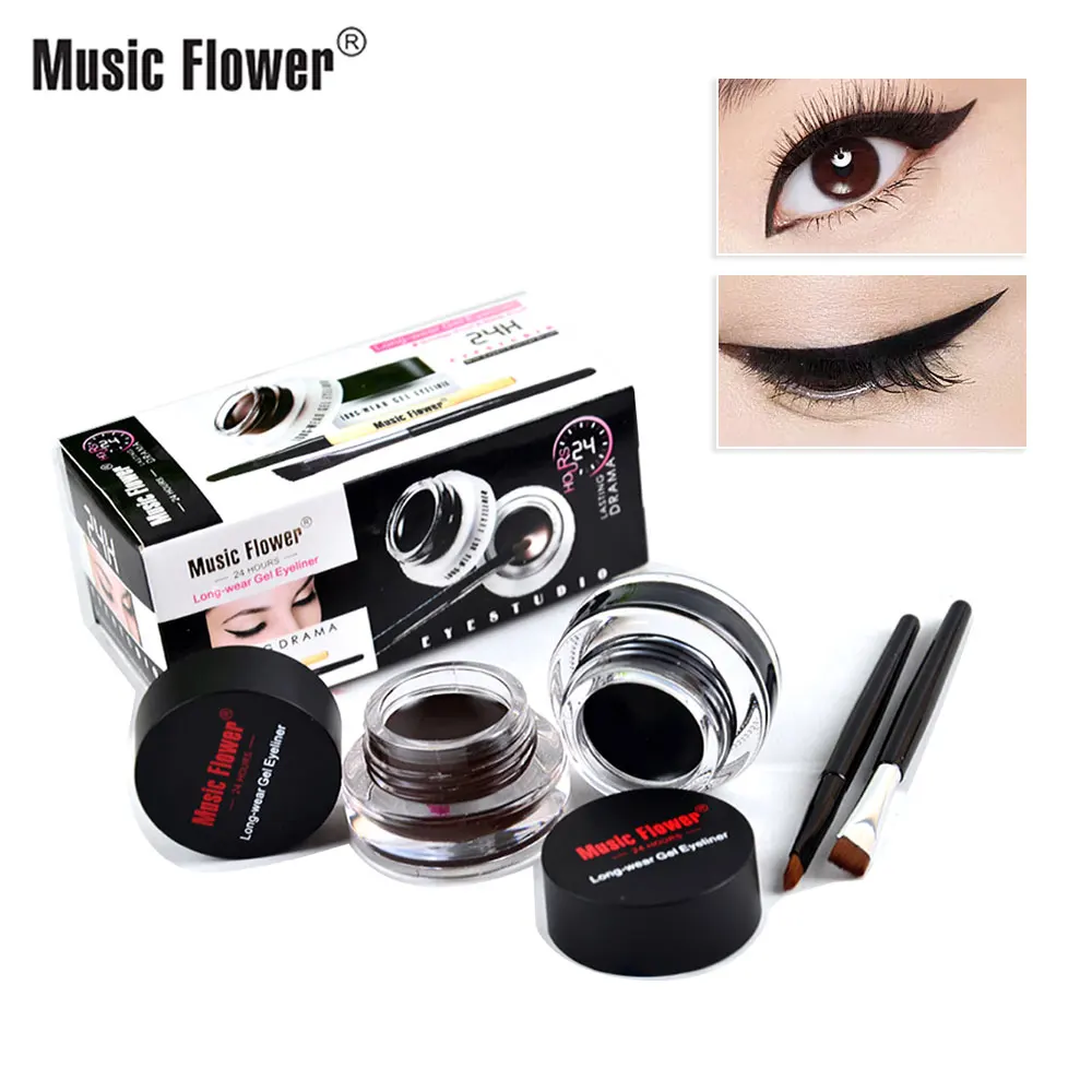 Music Flower 2 in 1 Coffee + Black Gel Cream Eyeliner Make Up Waterproof Cosmetics Set Eye Liner + Brushes Makeup Eye Cosmetics