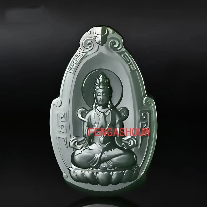 Hetian Jade Cyan Double-sided engraving Hands together Guanyin Pendant Charm Jewellery Necklace for Women Men Fashion Accessies