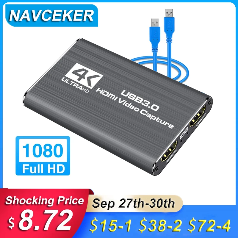 Navceker USB 3.0 HDMI Game Capture Card 1080P 4K placa de video Reliable streaming Adapter For Live Broadcasts Video Recording