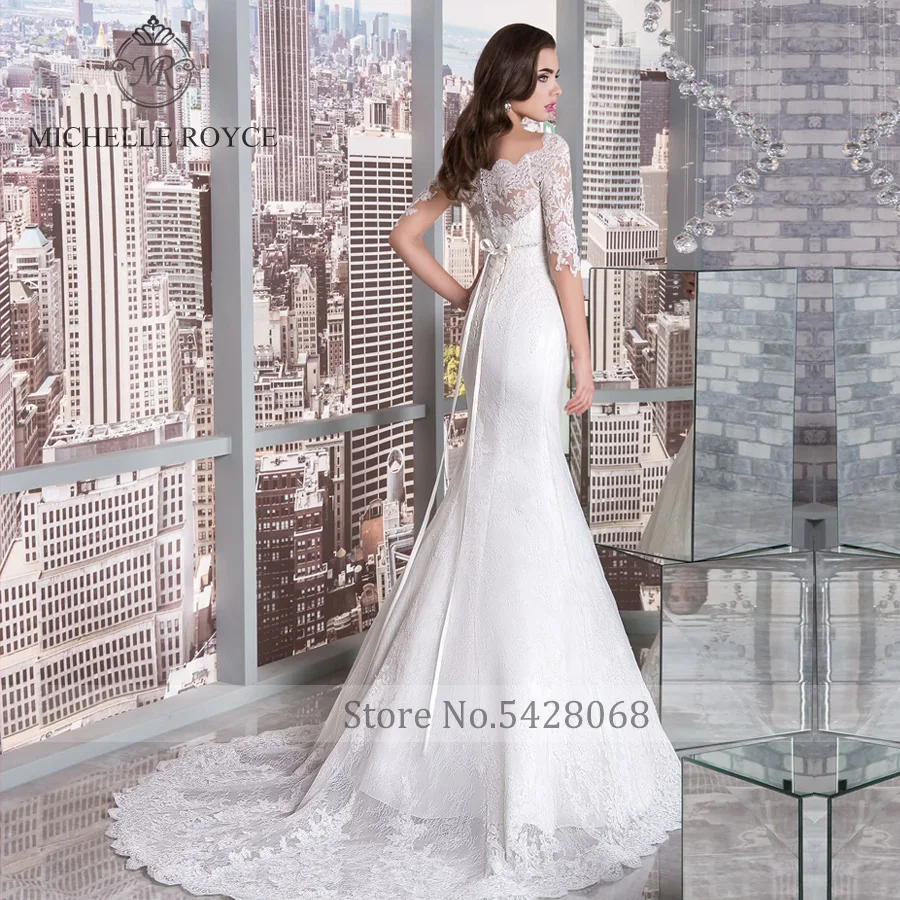 Michelle Royce Mermaid Wedding Dresses Elegant Boat Neck Appliques Cut-Out Empire Button Sashes Bow Court Train Vestido De Novia