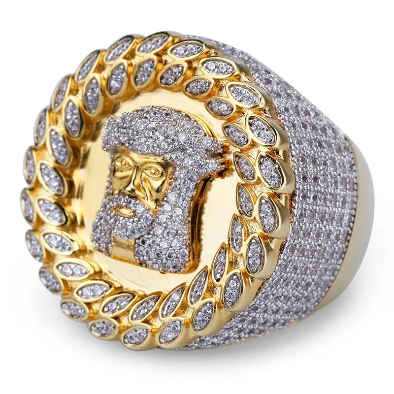 Hip Hop Micro Pave AAA Cubic Zirconia Bling Iced Out Gold Color Big Round Jesus Piece Rings for Men Hiphop Rapper Jewelry
