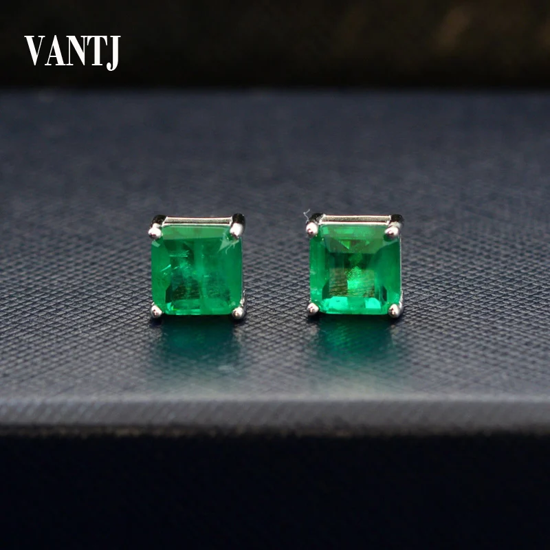 VANTJ Real 10K White Gold Lab Grown Emerald Stud Earring Hydrothermal Created Gemstone Fine Jewelry For Women Party Wedding Gift