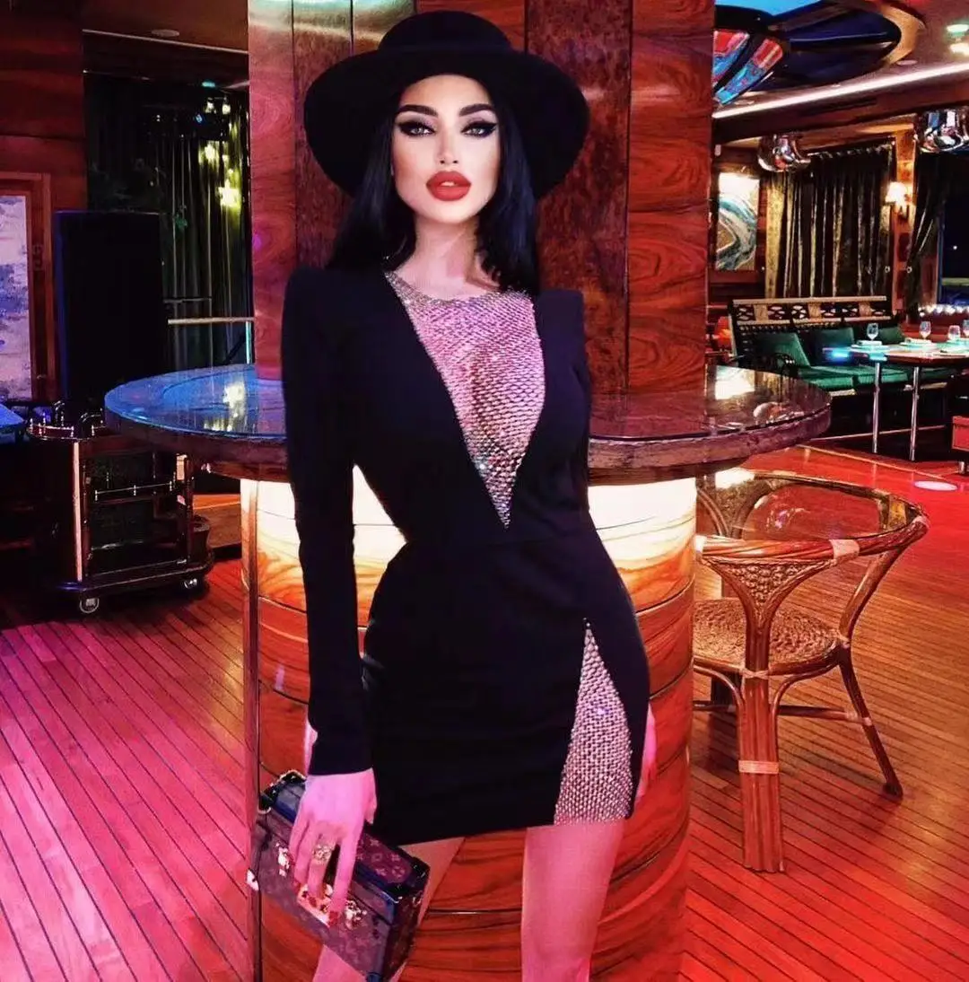 High Quality Black Sexy Deep V Neck Mesh Hollow Out Full Sleeve Mini Bandage Dress 2021 Celebrity Fashion Party Dress Vestios