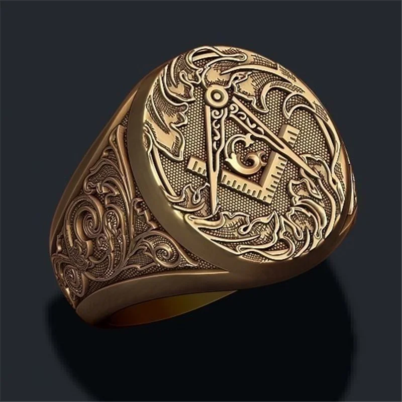 New Retro Letter Ag Freemason Pattern Ring Men\'s Ring Fashion Metal Golden Freemason Ring Accessories Party Jewelry Size 7-12