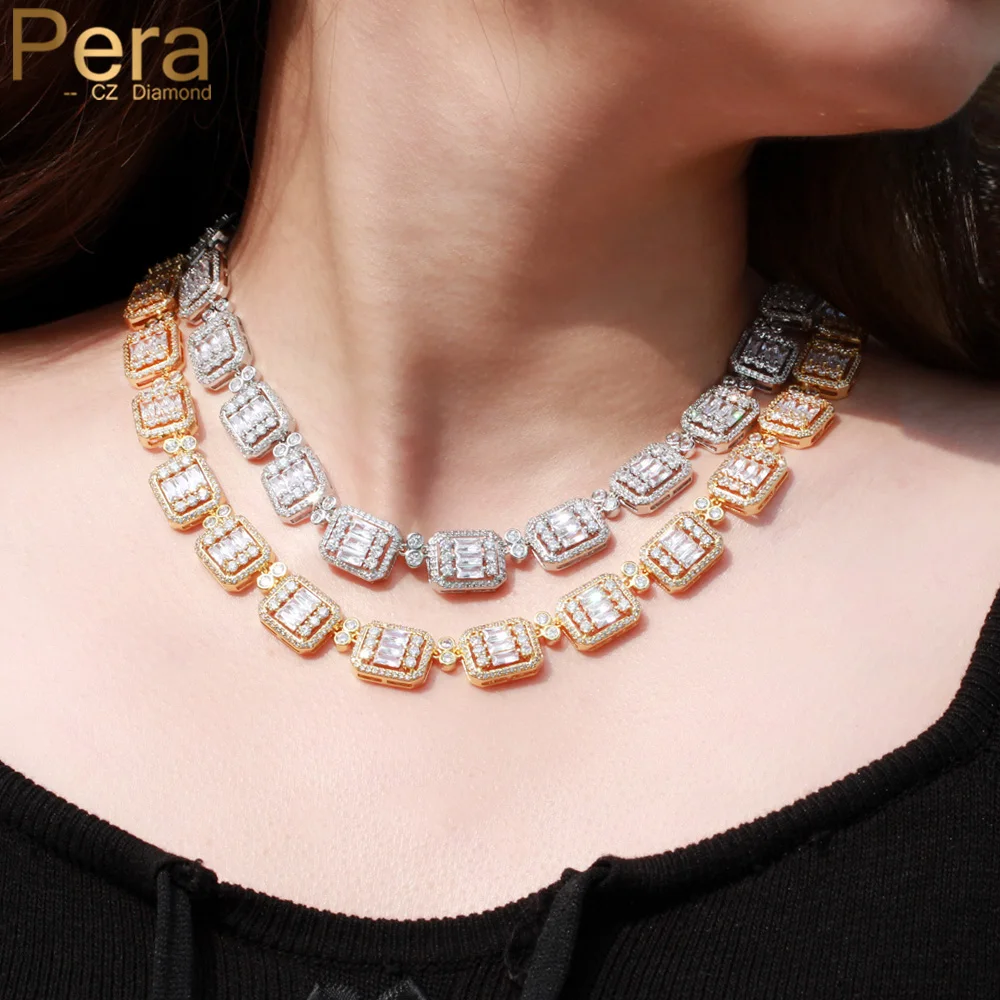 Pera Luxury Yellow Gold Color Round Chokers CZ Zircon Multiple Square Link Tennis Chain Necklaces for Women Costume Jewelry P028