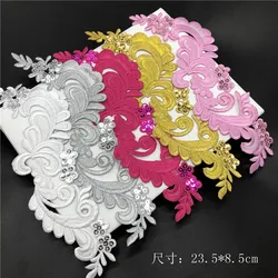 2Pcs/23.5X8.5cm Sequins Flower Cloth Applique Clothing Embroidery Patch Fabric Sticker Iron On Patch Craft Sewing Repair