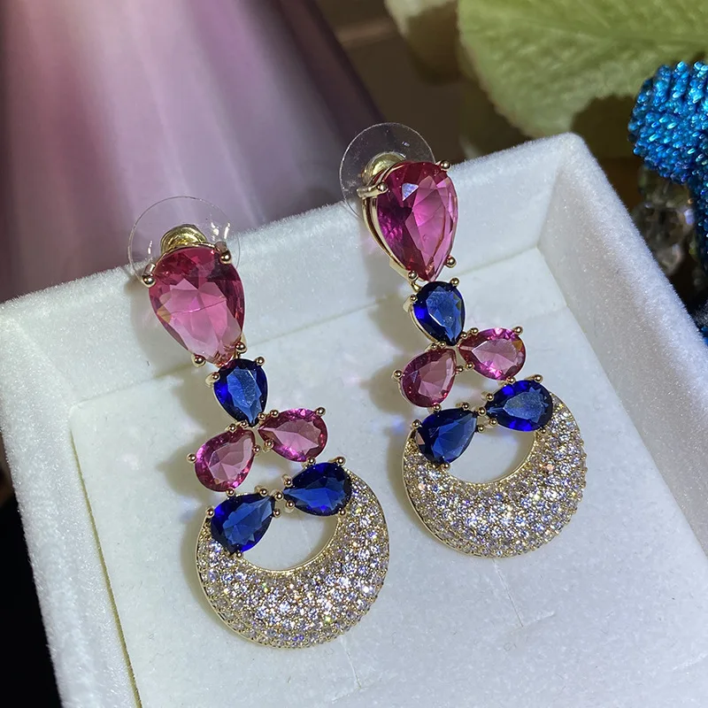 

EREY Luxury Colorful CZ Micro Paved Cubic Zirconia Drop Elegant Vintage Earrings Crystal Dangle Big Earrings Women Fine Jewelry