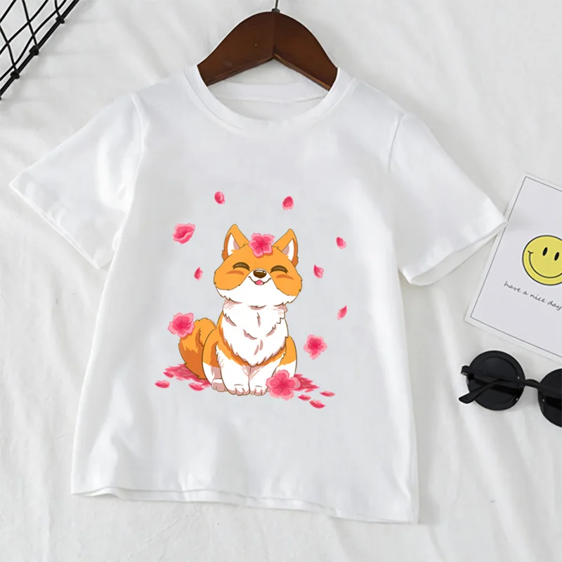 

New Cartoon Shiba Inu Print Kids T-shirts Tops Summer Casual Kawaii T Shirt Girls Boys Popular White Clothes,YKP059