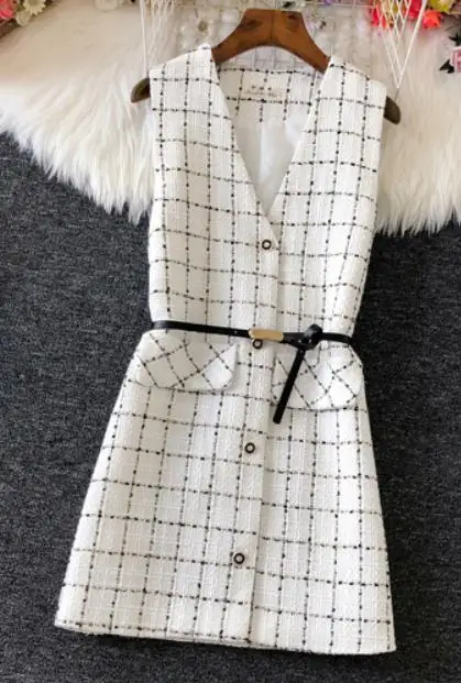 Small fragrance winter plaid French style tweed woolen tank dress women v-neck slim a-line bottoming dress