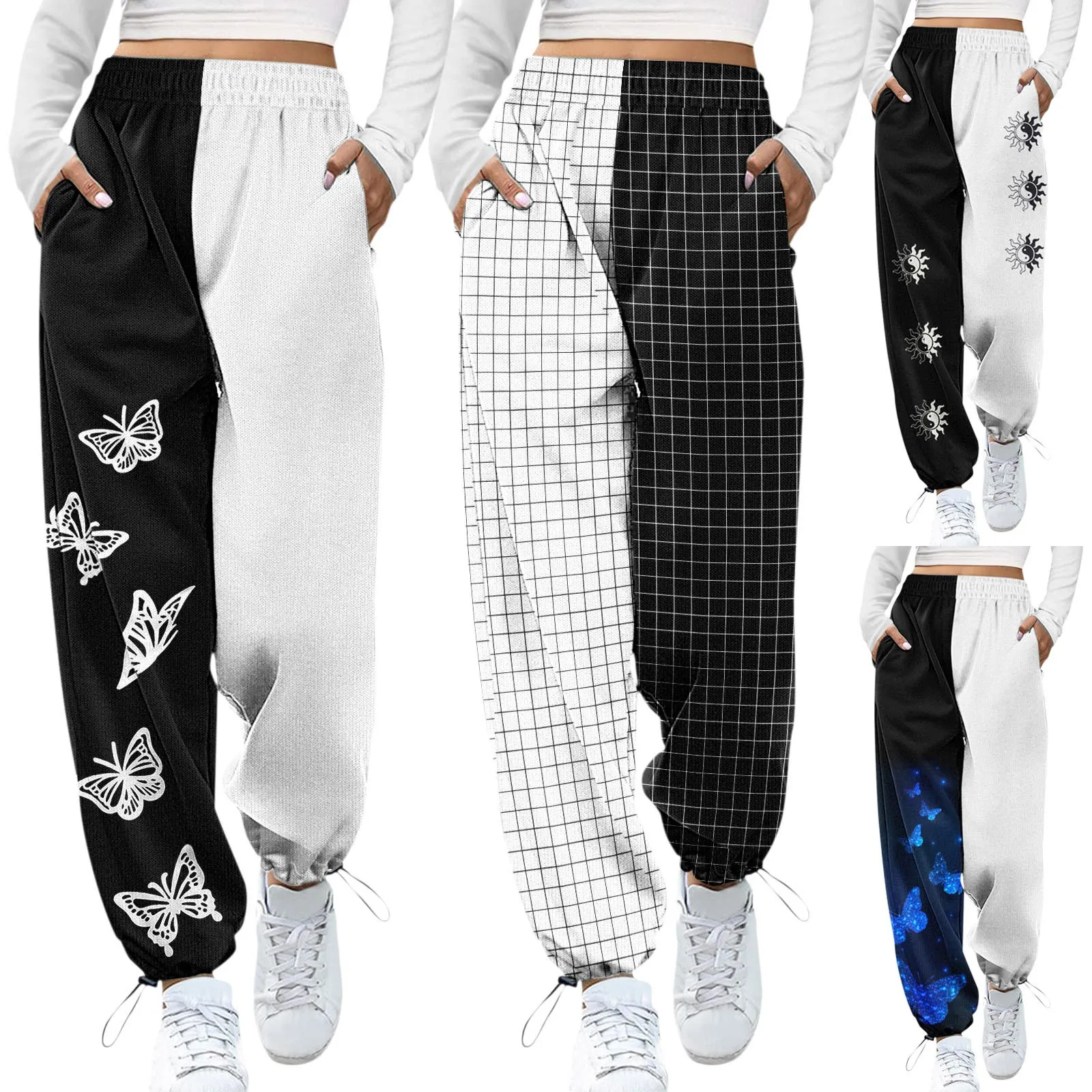 

Women's Plaid Patchwork Print Bottom Sweatpants Pockets High Waist Athletic Fit Jogger Pants Lounge Trousers Pants 2022 New