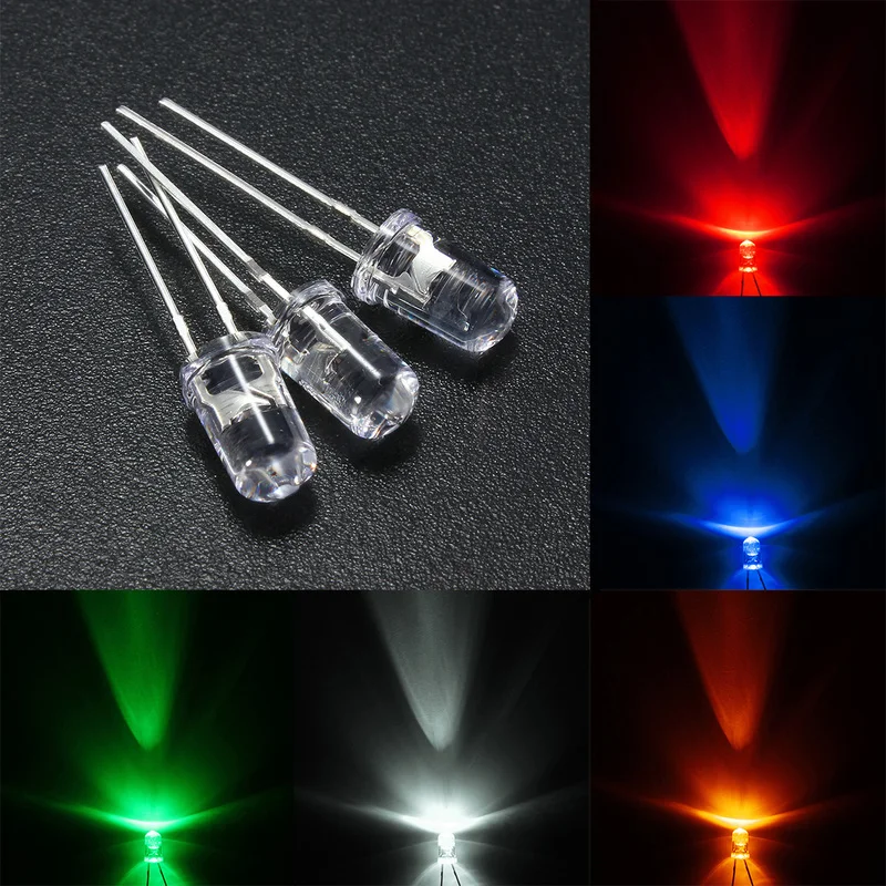 50PCS/lot 5mm 2pins Flat Top White Red Yellow Blue Green Wide Angle Light Emitting LED Diode Lamp