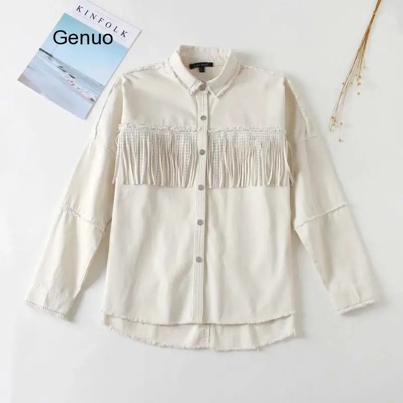 Women Fashion Tassel Beaded Oversized Denim Jacket Coat Women Vintage Long Sleeve Frayed Hem Female Outerwear Chic Tops