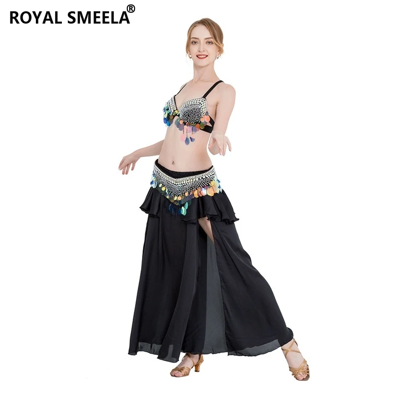 Sequins black belly dancer costumes for women bellydance bra belt maxi skirt belly dance suit professional belly dancing outfits