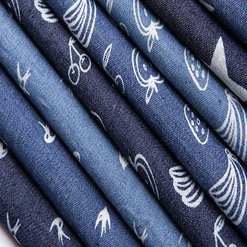 Summer Thin and Soft Cotton Printed Denim Fabric Clover Star Polka dots Stripe for Sewing Clothes Pants by the half Meter