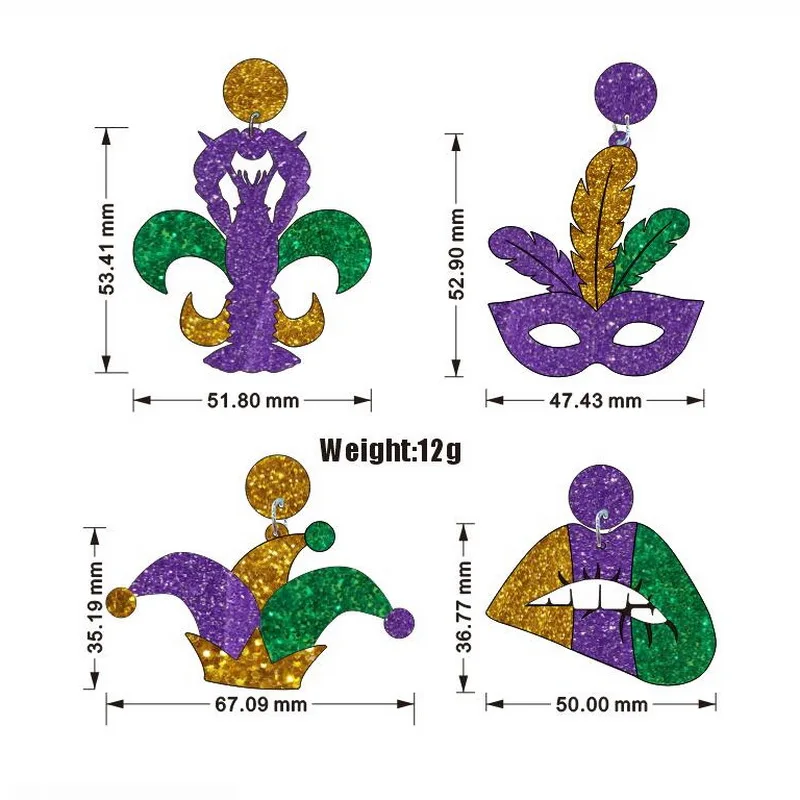 Mardi Gras Fleur De Lis król ciasto Crawfish usta maska Jester kapelusz laserowo wycinane akrylowe kolczyki dla kobiet