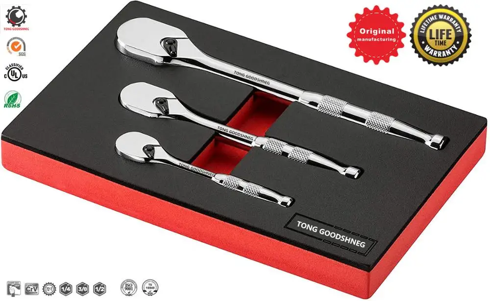 

1/4'',3/8'',1/2''Drive,3-Piece 100-Tooth Full Polish Ratchet Set Premium Chrome Vanadium Steel Construction Chrome Plated Finish