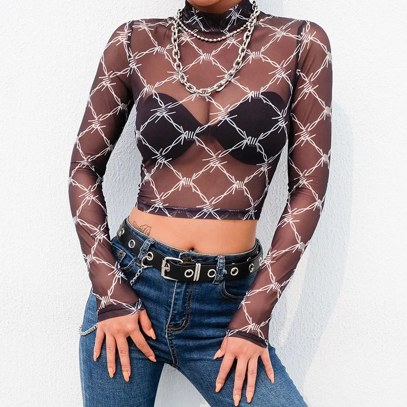 Mesh Tee Shirt Femme Sexy Long Sleeve Crop Top Chain Print T Shirt Women Streetwear Vintage Fishnet top T-shirt 2023 New Arrival