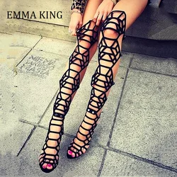 2021 Summer Women Over the Knee Gladiator Boots Sexy Open Toe tacchi a spillo Cut Out sandali gladiatore cinturini neri stivali sandalo