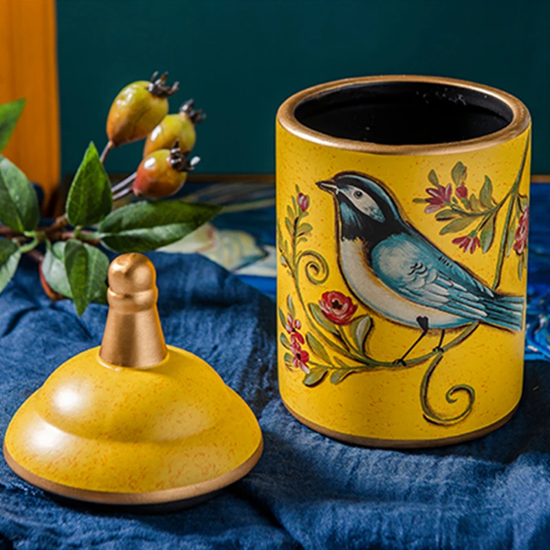 Retro Ceramic Kitchen Canister Vintage Storage Bottles Tea Candy Tin Sugar Pot Pastoral Bird Printing Painted Storage Jar Cans