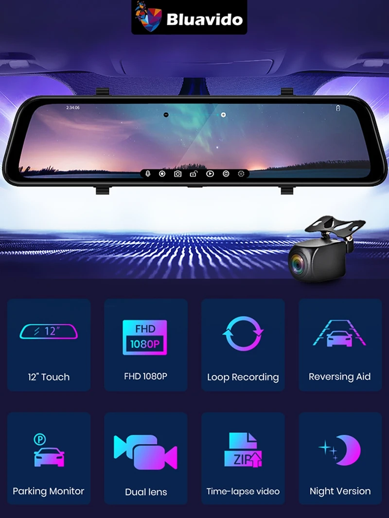 12 inch Car Rearview Mirror DVR Camera Dual Lens in Front 2K 1440P Black Full HD 1080P Video Recorder DVR Dash Recording