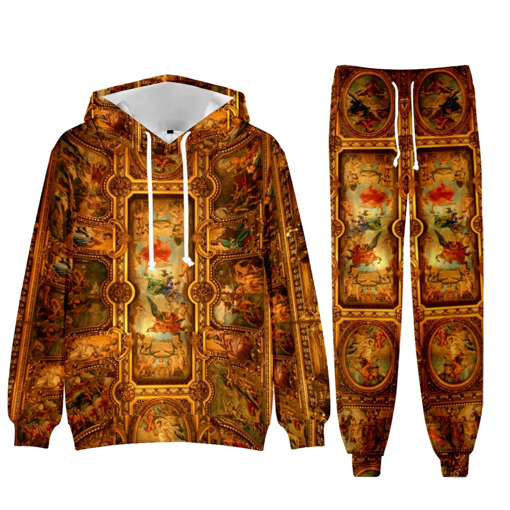 LCFA Baroque Church Frescoes Golden Court Winter Men Sports Suit Tracksuit Hooded Sportswear Hooded Elastic Pants Casual Men Set