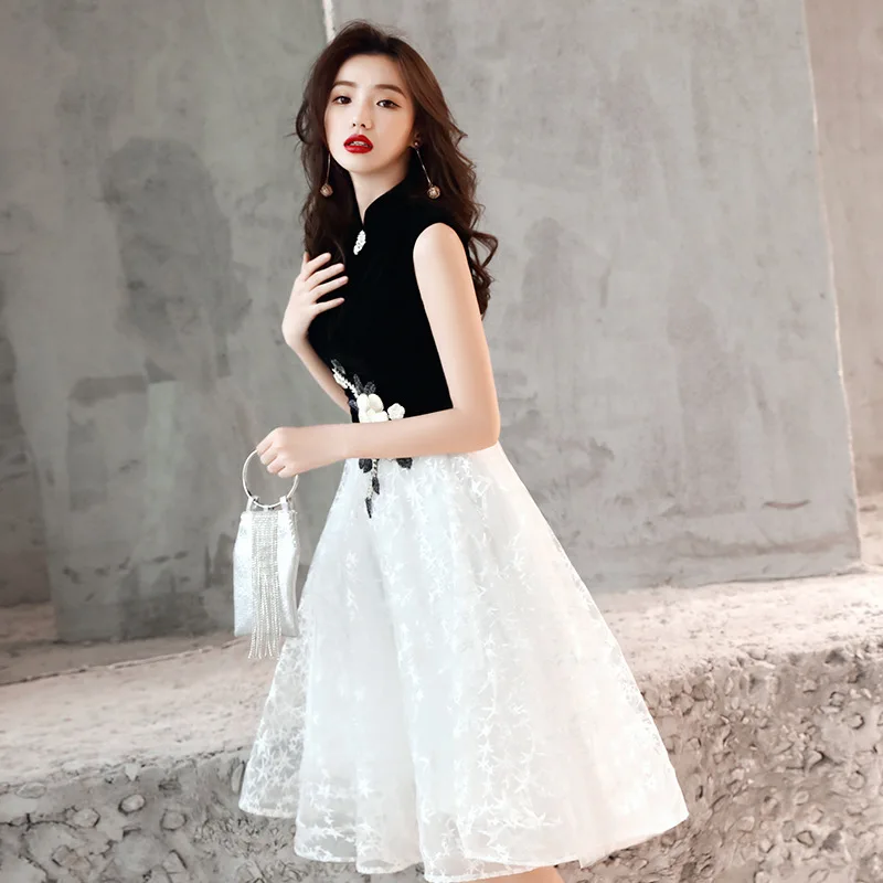 

Black White Evening-dress Daily Wear Vintage Tulle Elegant Noble Banquet Host Prom-dress Simple Sexy Comfortable Summer