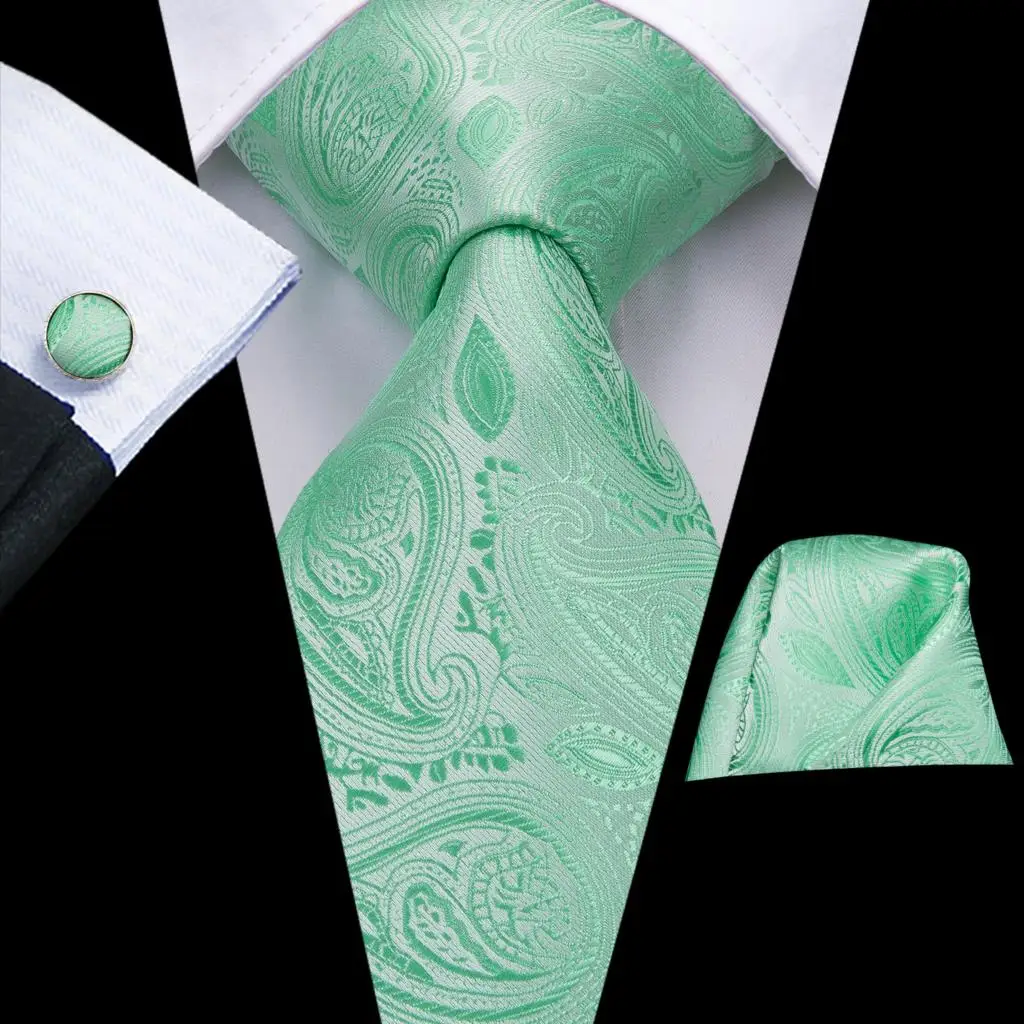 Mint Green Paisley 2023 New Elegant Men Tie Hanky Cufflink Silk Necktie For Men Wedding Party Business Fashion Brand Hi-Tie