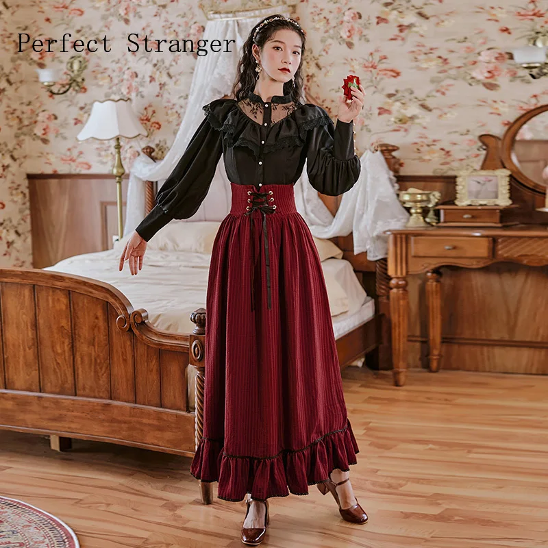 2021 Autumn Winter New Arrival High Quality  Retro Two Pieces Blouse +Long Cotton Skirt  Hot Sale Women Long Cotton Dress Suit