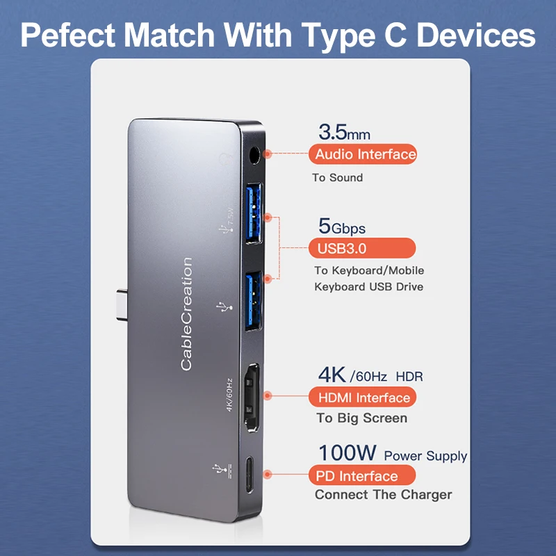 CableCreation باد برو USB C Hub نوع C إلى HDMI 4K 60Hz USB3.0 PD100W 3.5 مللي متر جاك USB C قفص الاتهام محول لماك بوك باد 2020 هواوي