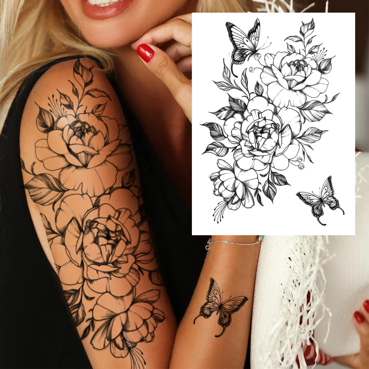 Tatouage temporaire en forme de fleur, tête de mort, pour femmes, filles, grand autocollant de pivoine, faux nœud papillon, noir, front