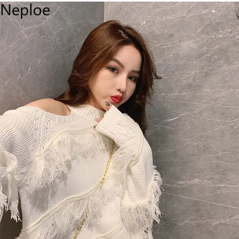 Neploe Sexy Lady Sweater Women Hollow Out Off Shoulder Knitted Cropped Pullovers Chic Tassels Jumper Sueter Fall 2023 Woman