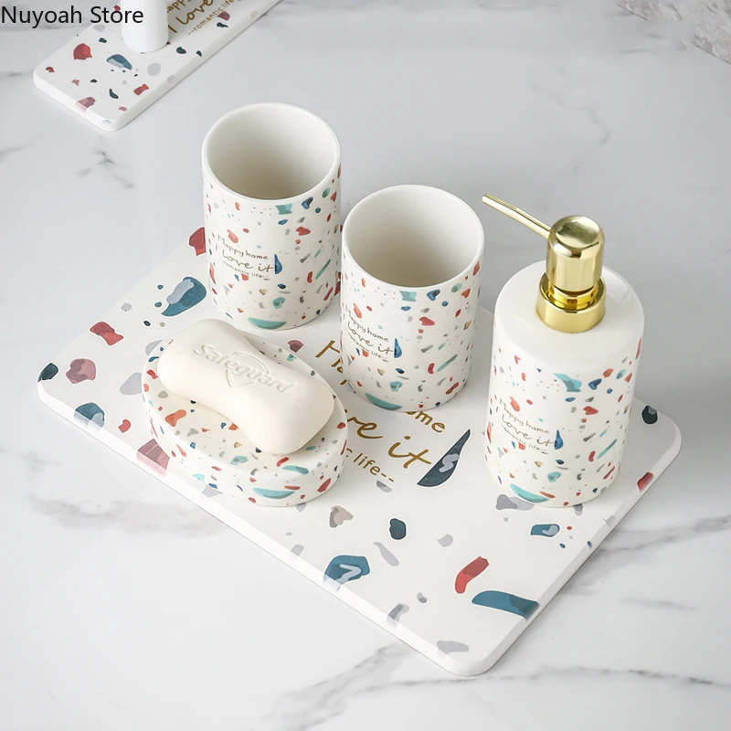 Bathroom Accessories Nordic Light Luxury Terrazzo Pattern Ceramic Lotion Bottle Algae Mud Pad Mouthwash Cup Bathroom Decoration