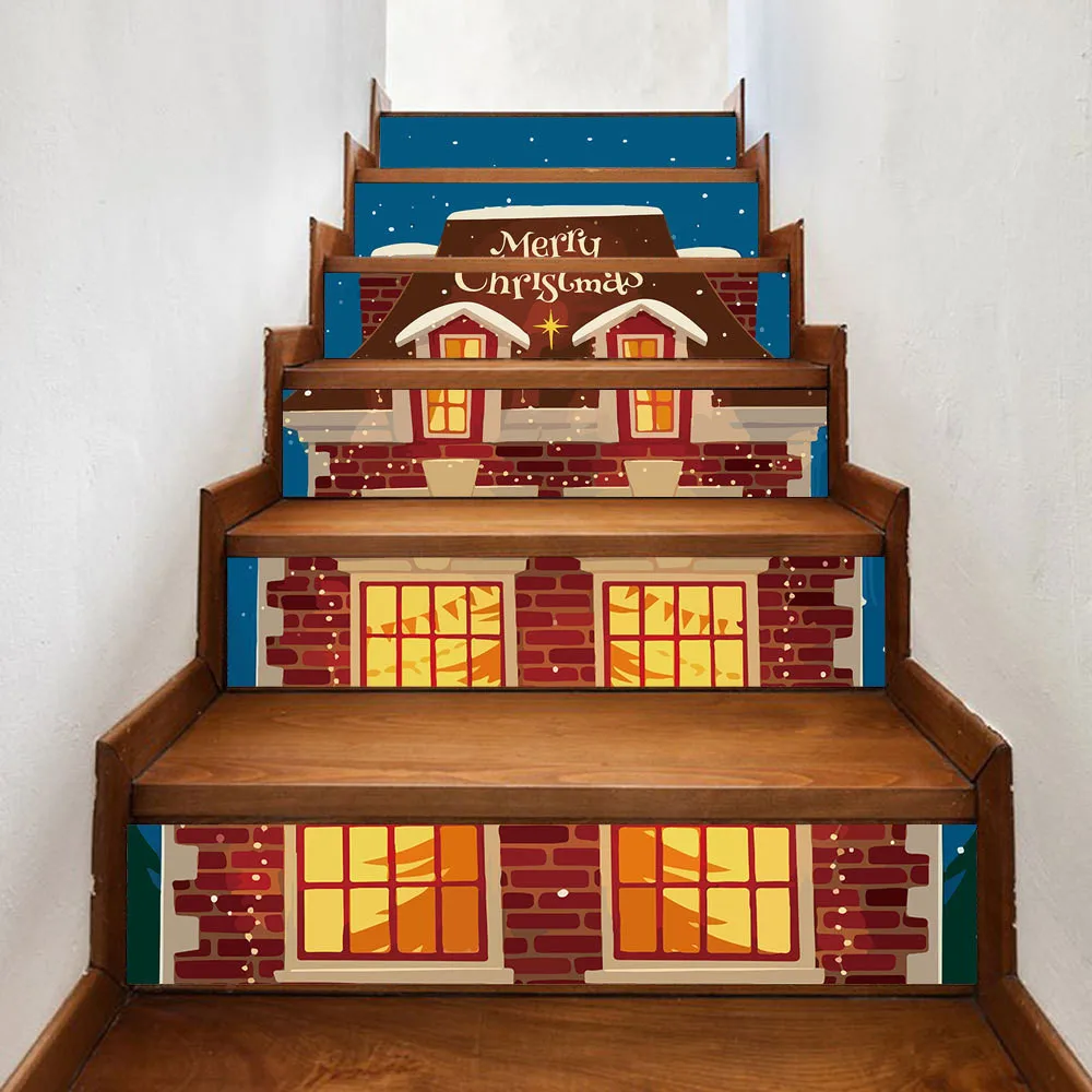 6pcs/13pcs 3D Warm Christmas House PVC Self-Adhesive Stair Risers Stickers Art Staircase Decals Wallpaper for Home Hotel Murals