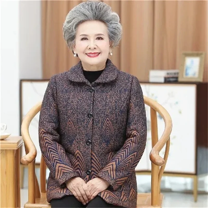 5XL Grandma\'s Autumn And Winter Clothes Velvet/No Velvet  Jacket Thick And Warm One-Piece/Suit Elderly Clothes Women Coat