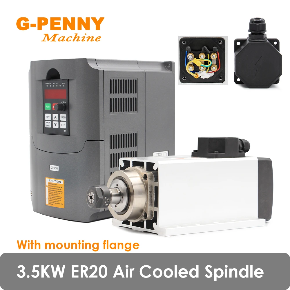 G-PENNY 3.5KW ER20 Air Cooled Spindle Motor 4pcs bearing 220v/380v 0.01mm accuracy With Flange & HuanYang 4.0KW Inverter / VFD