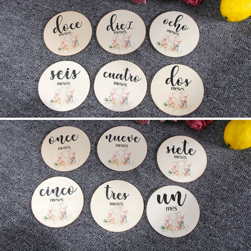 6 PCs Wooden Spanish Letters Baby Milestone Cards Newborn Birth Monthly Recording Photo Cards Kids Growth Album Souvenir Props