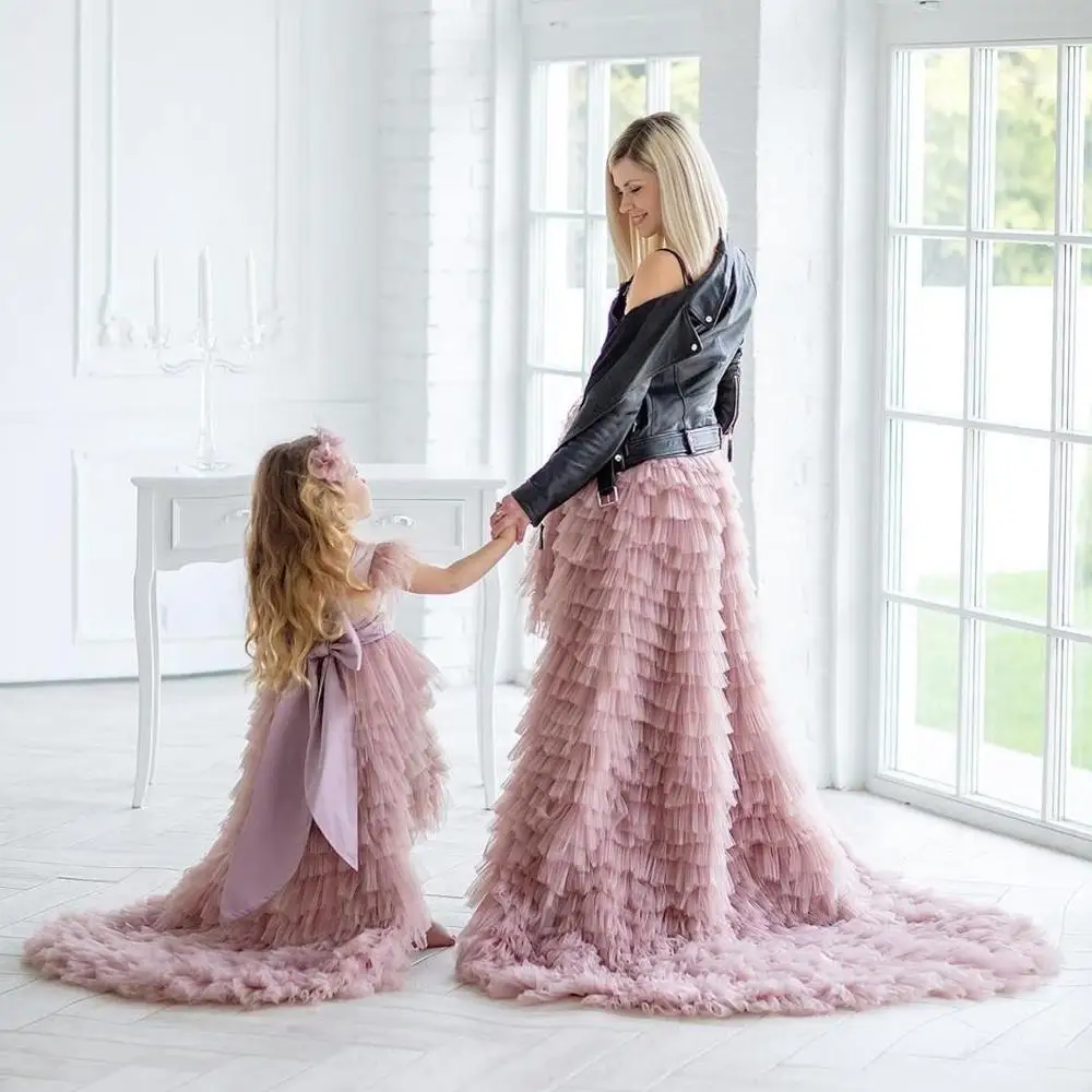 Mother & Kid Tulle Skirt Women Ruffled Cake Skirts Floor Length Skirt Tiered Puffy Party Maxi Skirt Summer