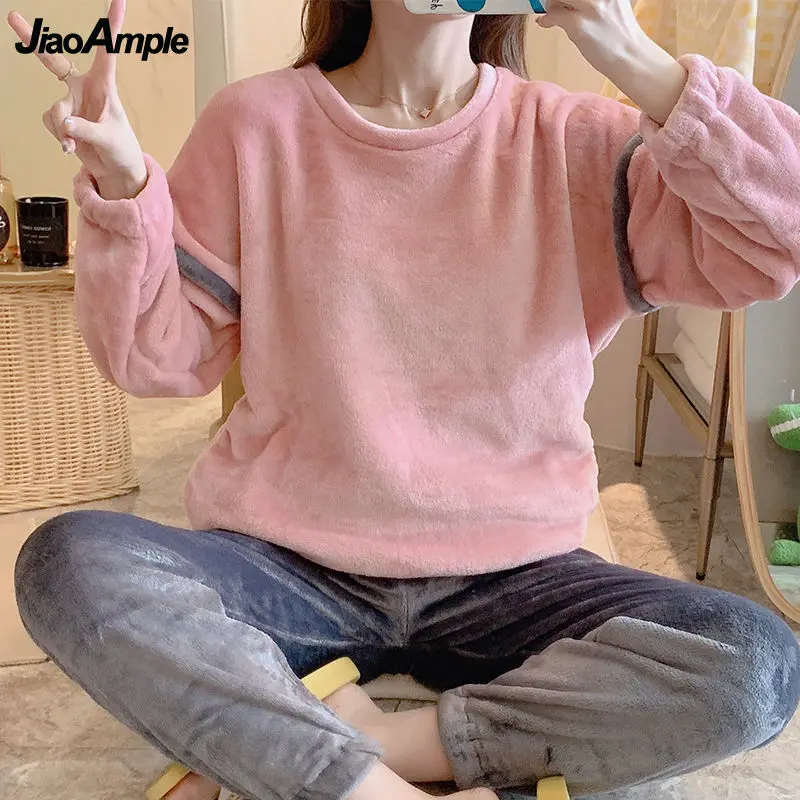 Flannel Pajamas Women Winter Warmth Thickened Long-sleeved Trousers Pijamas Two-piece Female Cute Nightwear Home Clothes Suit