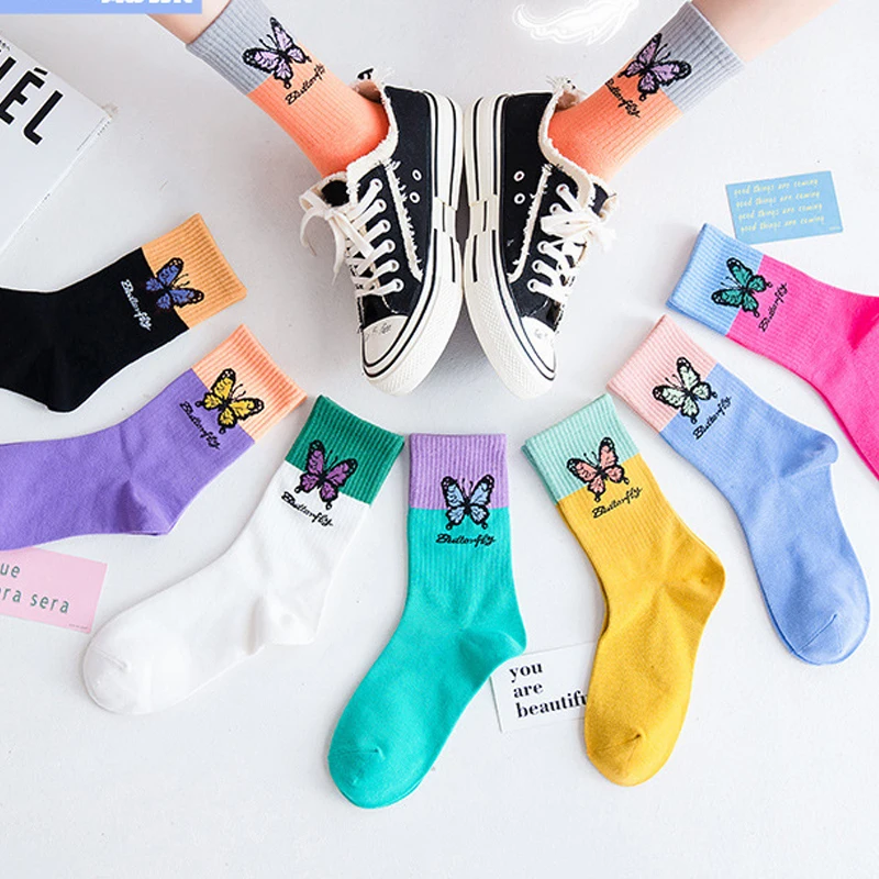 New Fashion Butterfly Pattern Socks Kawaii Cute Women Funny Korean Style Cotton Socks Streetwear Harajuku Socks