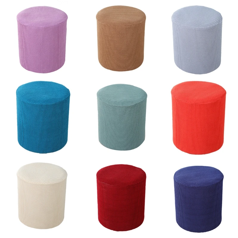 Modern Round Ottoman Slipcover Textured Jacquard Solid Footstool Footrest Protector Covers Elastic Bottom